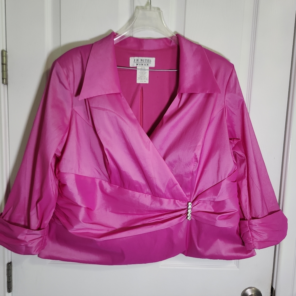 J.R Nites Hot Pink Taffeta V-Neck Zip Faux Wrap Rhinestone Formal Blouse S 20W